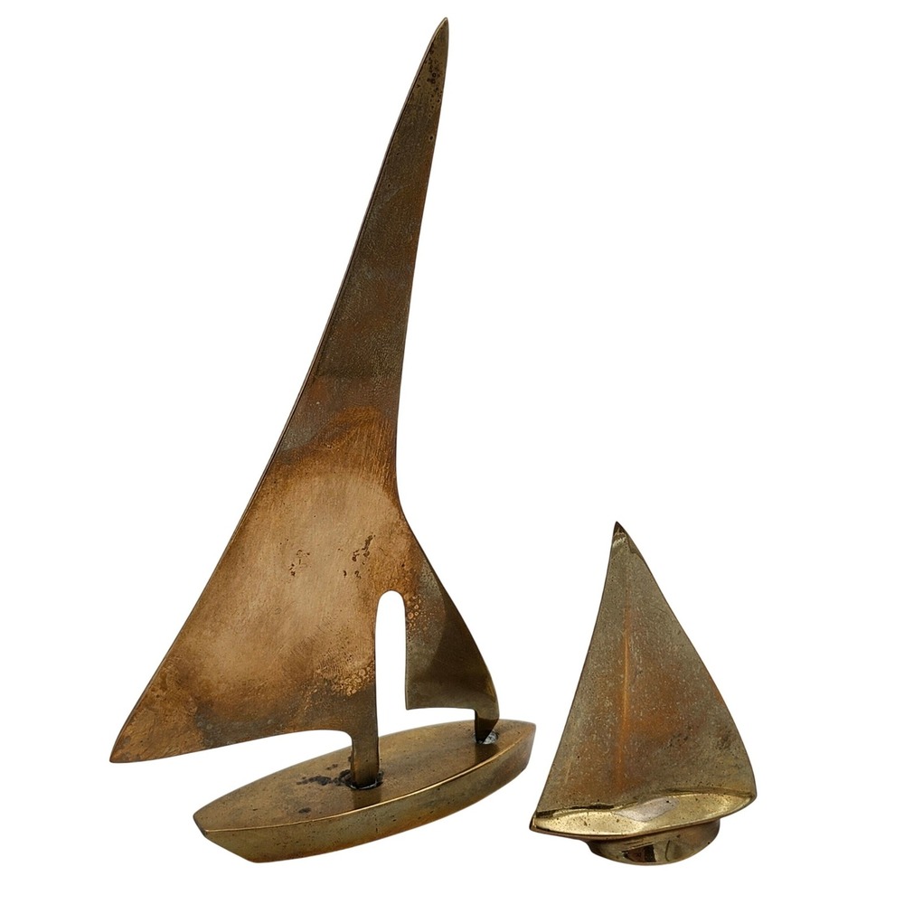VTG MCM 2 Brass Sailboat Sculptures Figurine Beach Nautical Coastal As Found